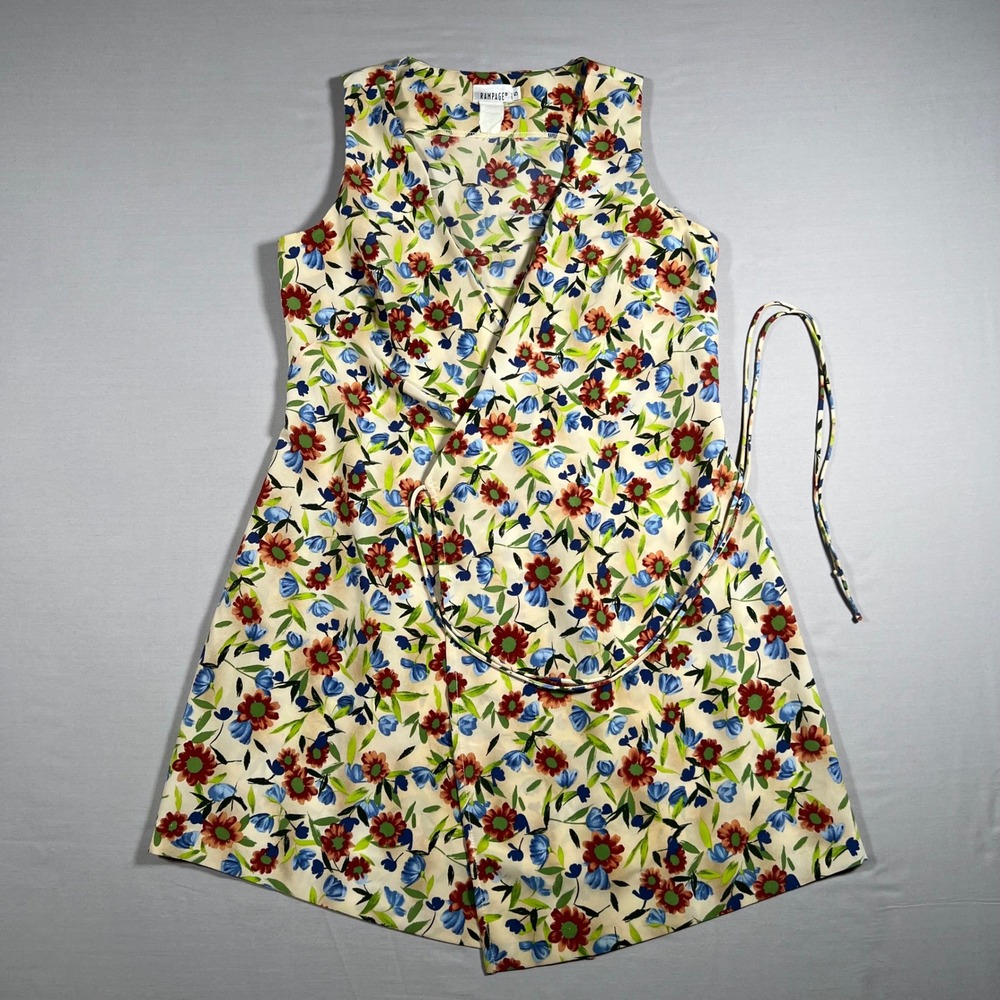 Rampage Vintage Floral Wrap Mini Dress Top Sleeveless Cream Red Blue Size 5 90s